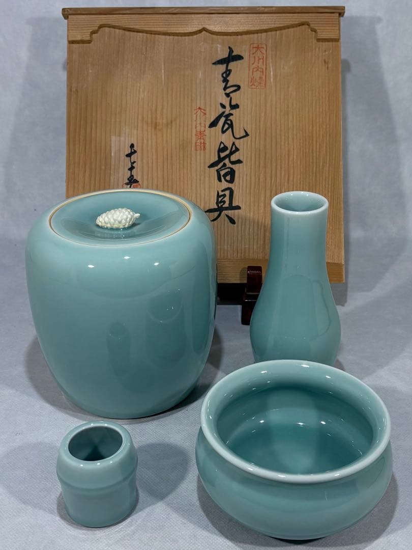 鍋島焼　小笠原長春造　青磁皆具　美品　共箱　茶道具　送料込