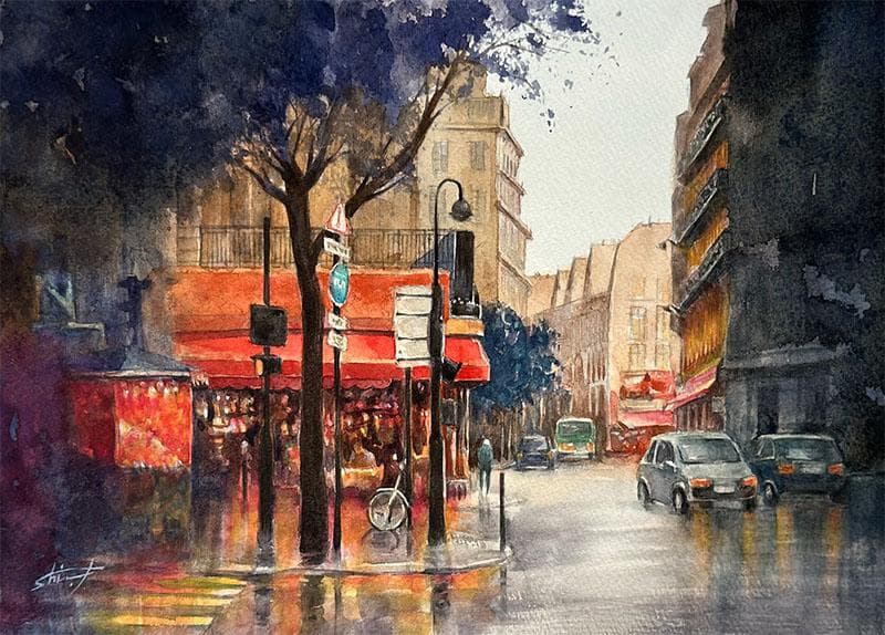 水彩アート「雨のパリ　Ⅰ」1点物、真筆