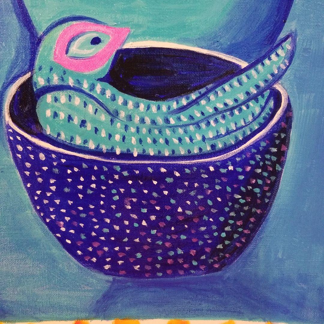 油絵　はち　小鳥さんのかくれんぼ　その１　かくれる鳥