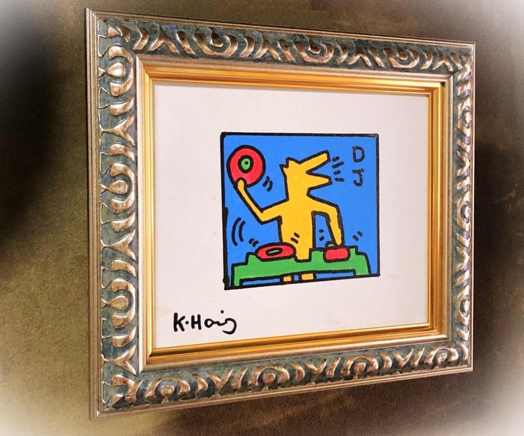 【 キース・へリング『ＤＪ』】　肉筆油彩　キャンバスF3　額装