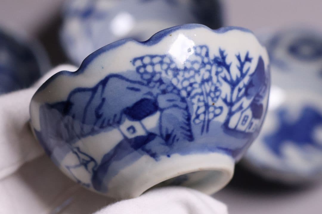 中国 若深珍蔵 染付 煎茶椀 五客 山水 鳥図 茶器 陶磁器【MA580】