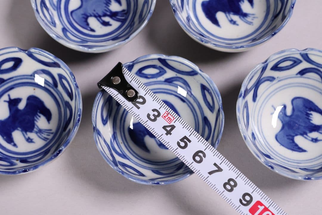 中国 若深珍蔵 染付 煎茶椀 五客 山水 鳥図 茶器 陶磁器【MA580】