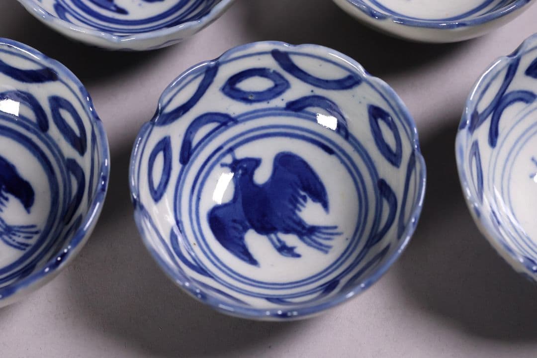 中国 若深珍蔵 染付 煎茶椀 五客 山水 鳥図 茶器 陶磁器【MA580】