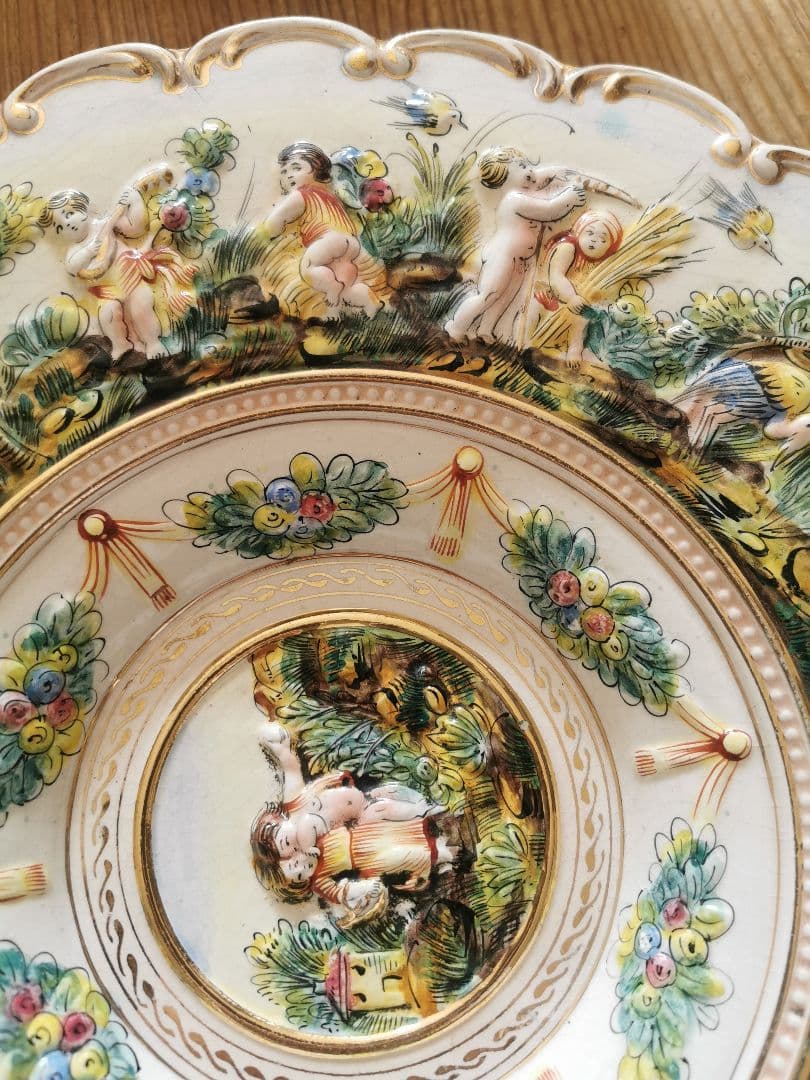 アンティーク カポディモンテ ラージデコレーションプレート 深大皿 子供達の収穫