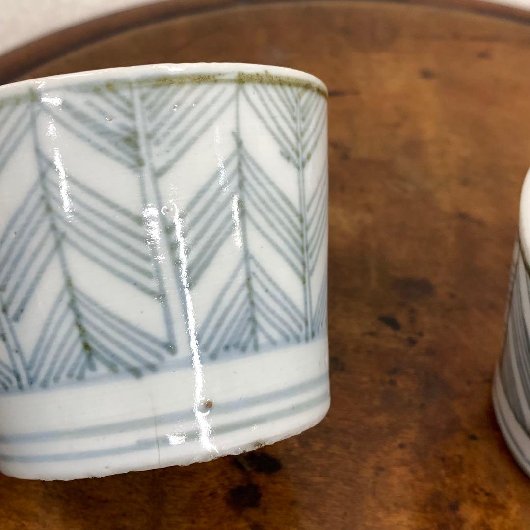 蕎麦猪口 2点 染付 矢羽根文 幾何学模様 江戸 時代 小鉢 アンティーク B②