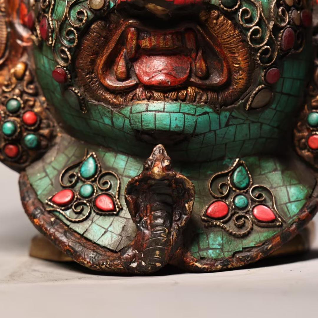 中国古美術『西蔵寺院旧蔵 マハーカーラ面具』純銅製 鍍金彩絵 高浮彫鏨刻 極細工