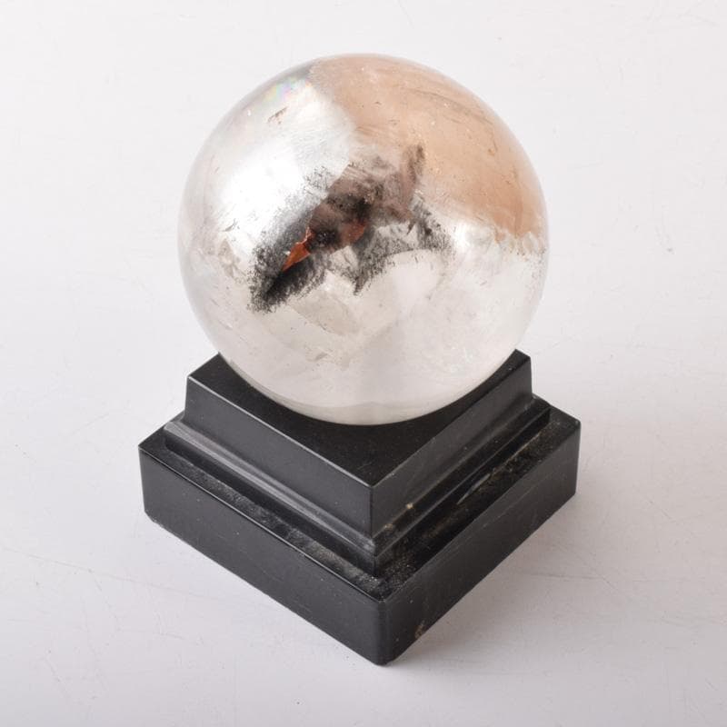 天然石　寒水石　飾玉　直径約7cm　置物　大理石台・時代箱付　C　7459