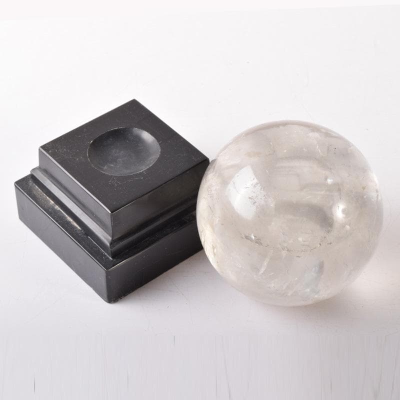 天然石　寒水石　飾玉　直径約7cm　置物　大理石台・時代箱付　C　7459