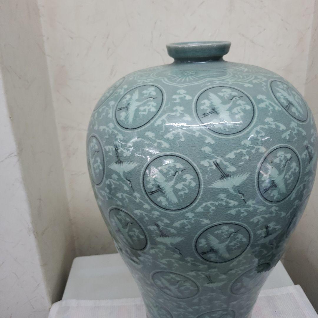 Ｂフライデー蔵出し特価　青磁 鶴模様 陶器 花瓶　作家物海剛作桐箱あり48cm