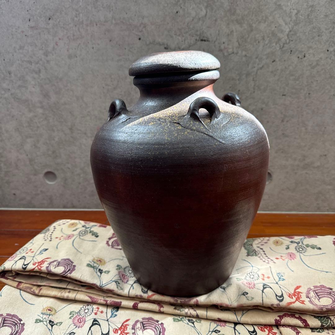 壺屋焼.荒焼.蓋付き大壺