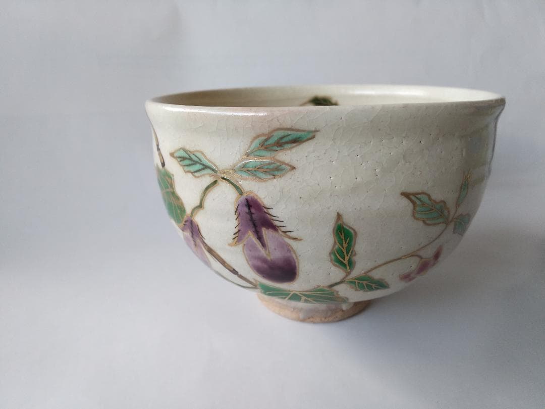 京焼 平安 巌窯 山川敦司 作 粉引 茄子 茶碗 共箱 共布 栞 抹茶碗 新品