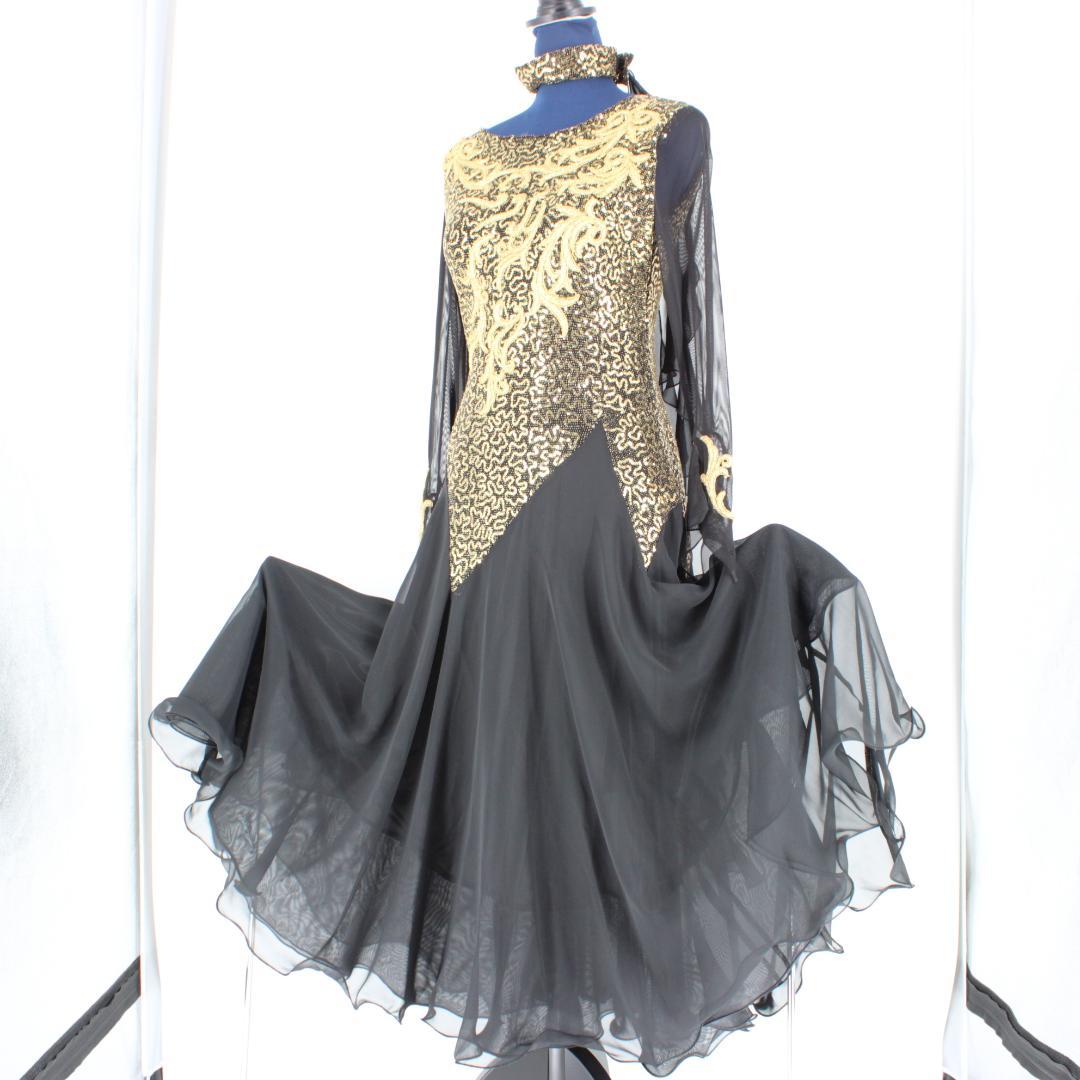 【美品 社交ダンス衣装】ワンピース ドレス 黒 ブラック 金 ゴールド 刺繍