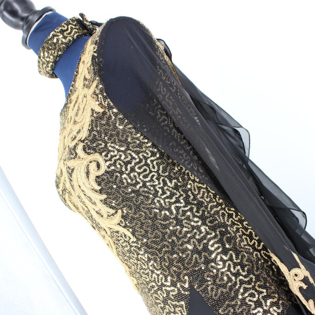 【美品 社交ダンス衣装】ワンピース ドレス 黒 ブラック 金 ゴールド 刺繍