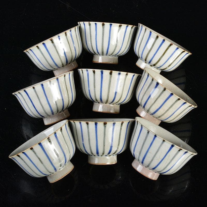 煎茶道具　夜寒焼　凌古堂造　引分　番茶碗　九客　合計18客　共箱　M　R4403