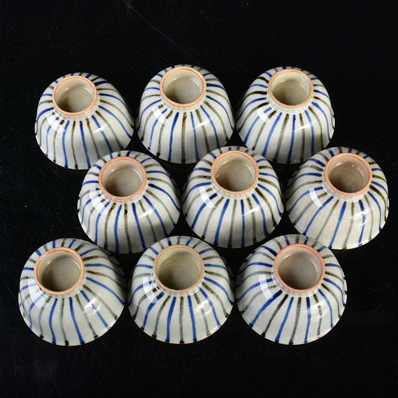 煎茶道具　夜寒焼　凌古堂造　引分　番茶碗　九客　合計18客　共箱　M　R4403