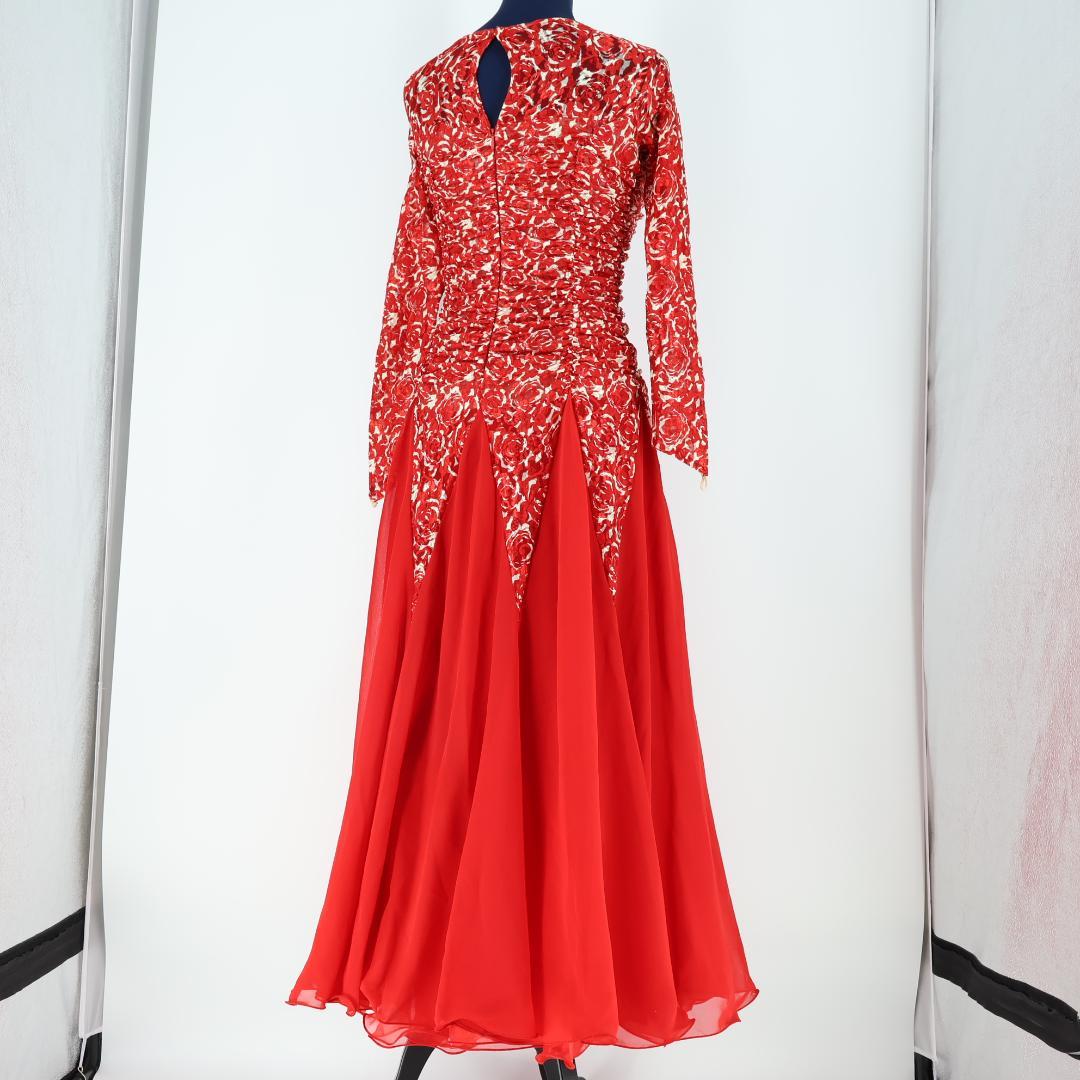 【美品 社交ダンス衣装】レッド×アイボリー Leirenaレイリーナ ワンピース