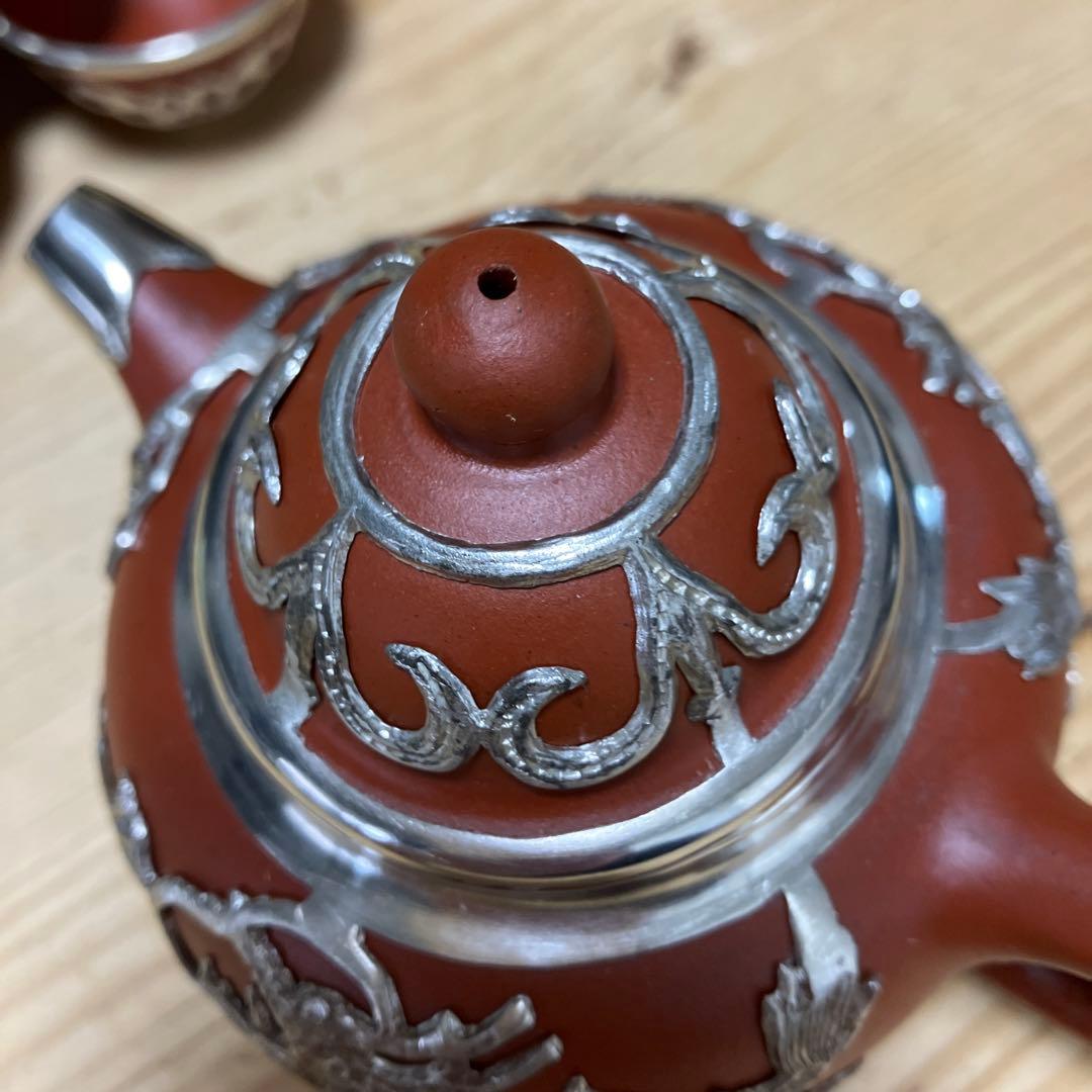 中国美術　紫粘土茶壺（急須の意）ピューター鋳