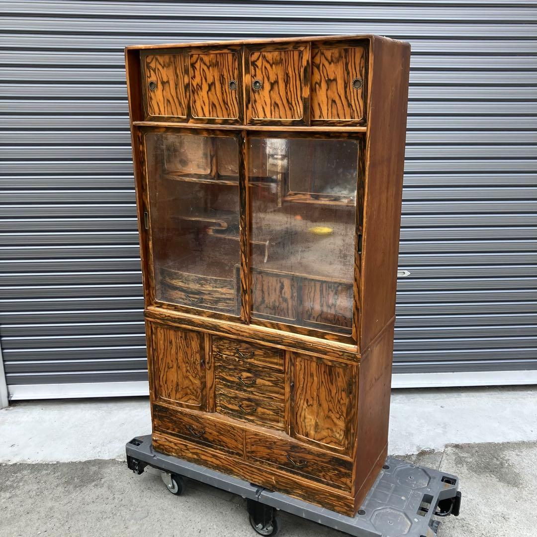 昭和レトロ 松永木工所 木製茶箪笥 茶棚 ガラス戸 サイドボード 古家具 古民家