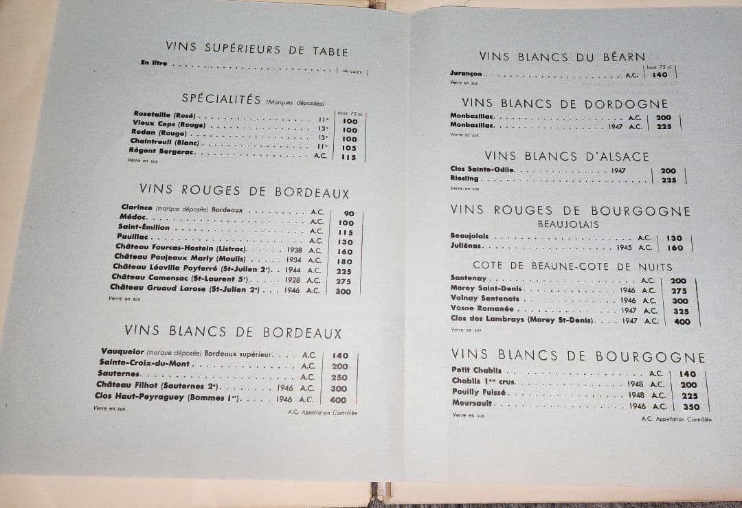 PARISのNICOLAS社。フランス のワインリスト。 1928-1945
