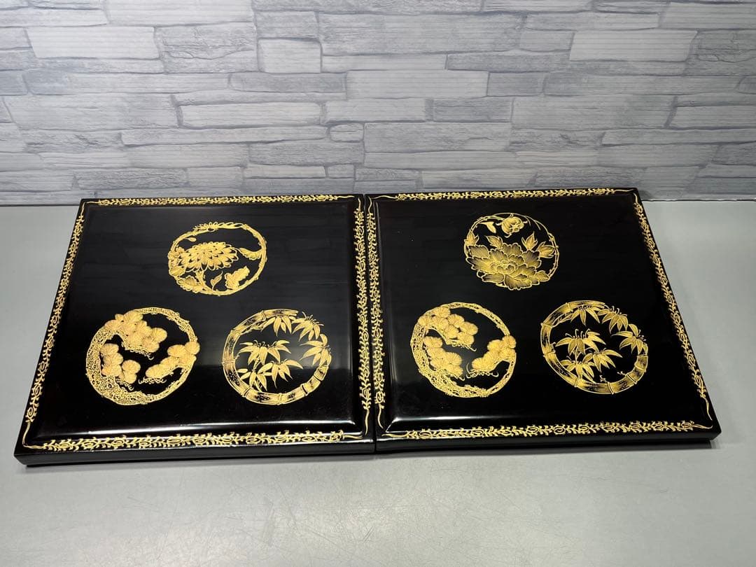 明治三十五年　外黒内朱　沈金蒔絵　五段重箱　木製　大きめ