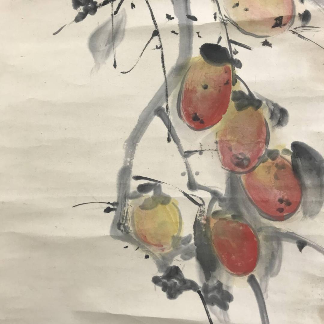 【真作】下村為山/柿に雀図/花鳥図/掛軸☆宝船☆AD-548