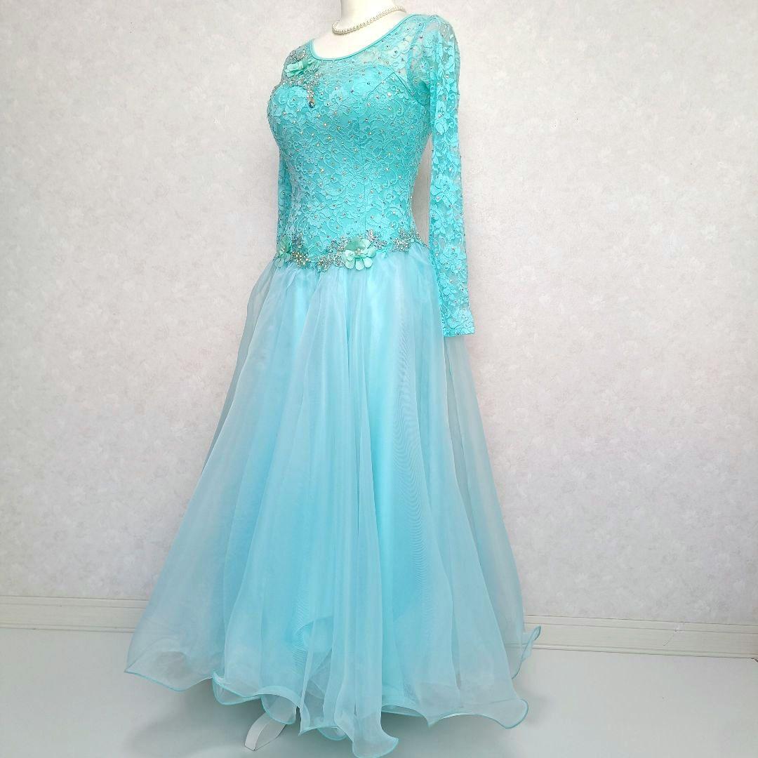 中国製 社交ダンス衣装 エメラルドグリーン レース ビジュー M インナー付