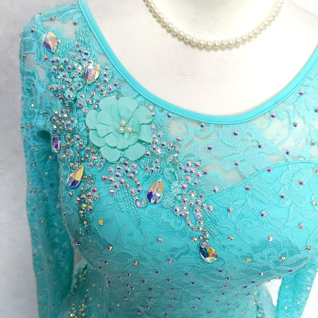 中国製 社交ダンス衣装 エメラルドグリーン レース ビジュー M インナー付