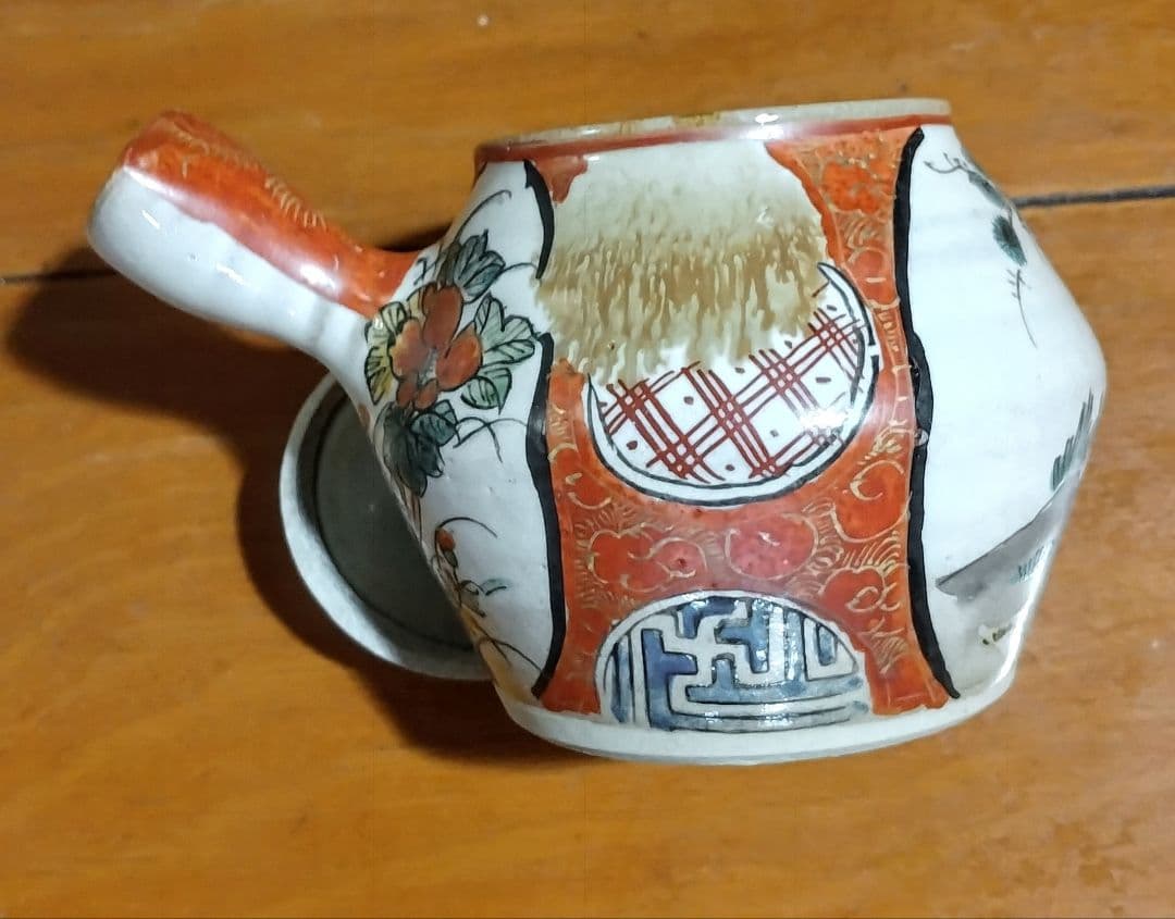 九谷焼 赤絵 金彩 人物 花絵 茶器セット 7点 明治時代物