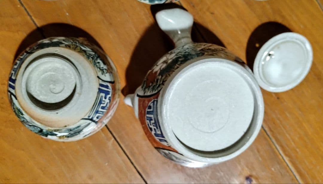 九谷焼 赤絵 金彩 人物 花絵 茶器セット 7点 明治時代物