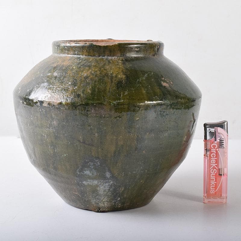 中国　漢時代　紅陶　緑釉壷　銀化壷　時代箱付　V　R8299B