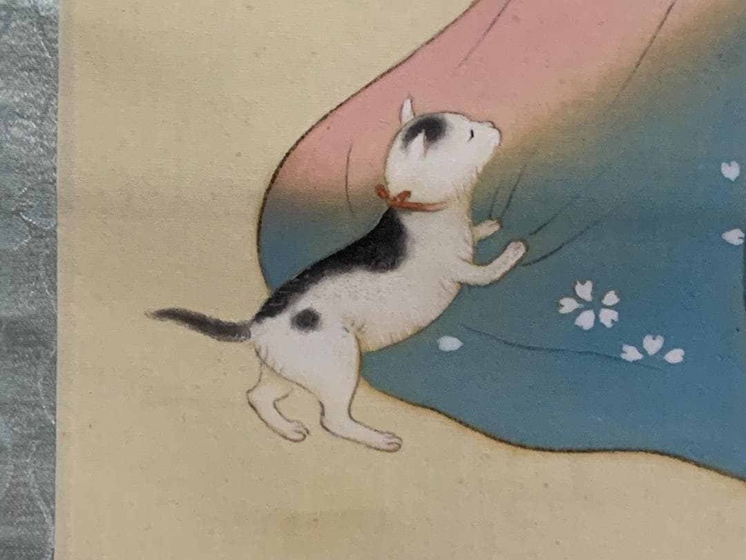 一清 浮世絵美人と仔猫図 絹本 肉筆 掛軸 美人画 839