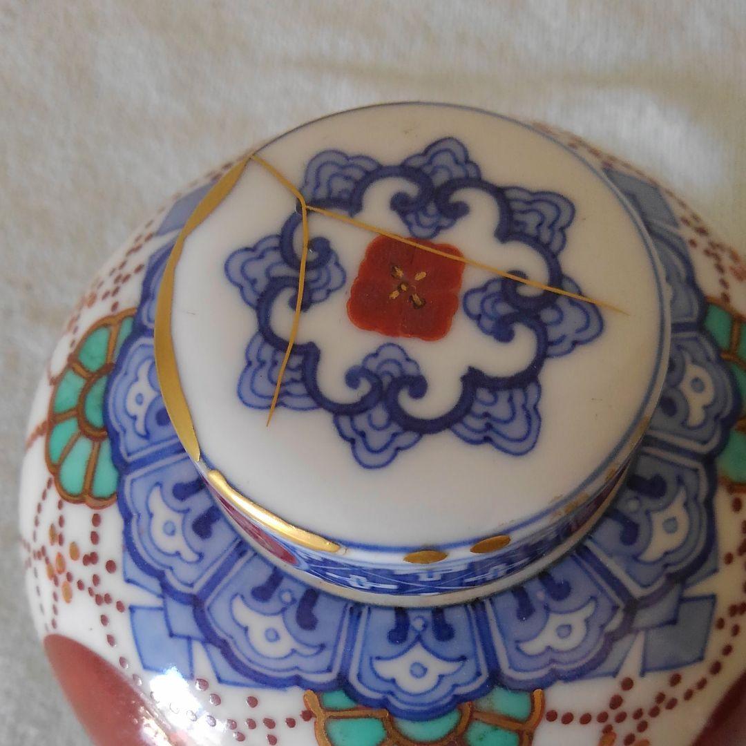 染錦赤玉ようらく紋様　茶壺