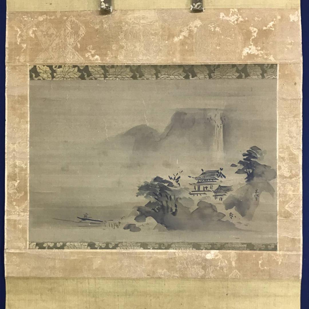 【真作】狩野岑信/江山漁舟図/山水図/横物/掛軸/名家伝来/AD-329