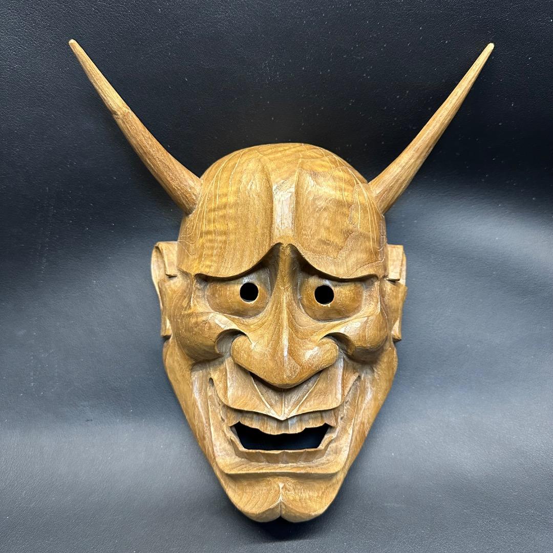 ♡Fb左1023 般若面 木彫 木製 極上木目 在銘 一刀彫 伝統文化