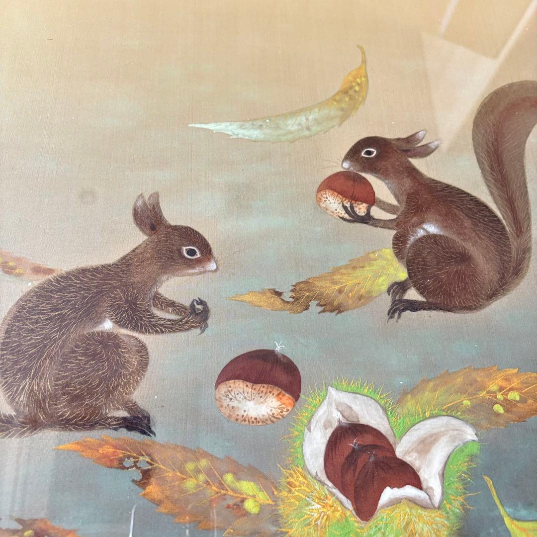 日本画 在銘 紙本 額装 栗鼠 絵画 A