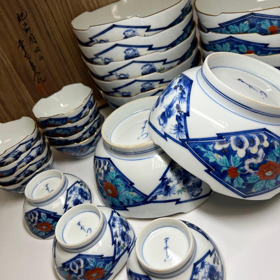 肥前有田焼　幸右衛門　染錦牡丹唐子文向付食器一式　共箱　東Y8-0128①