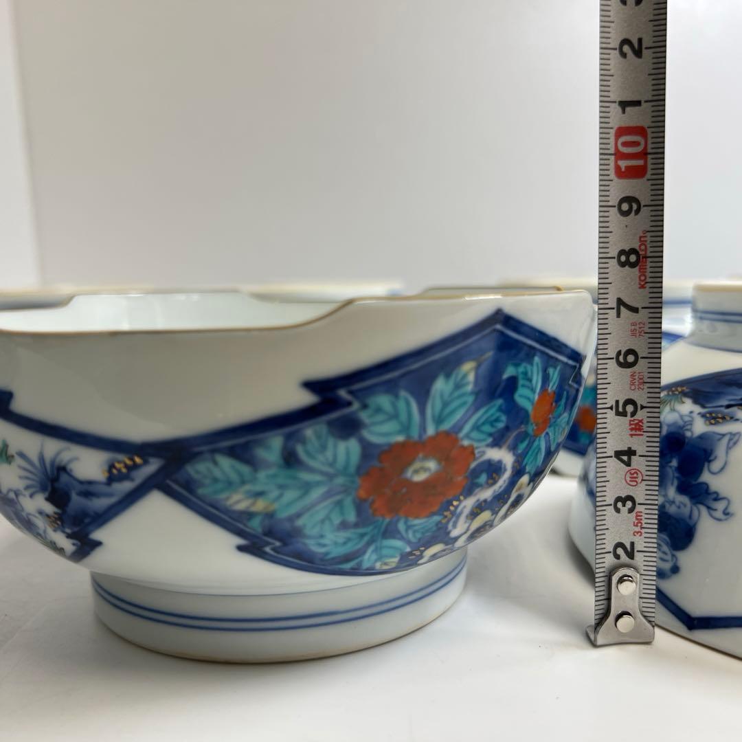 肥前有田焼　幸右衛門　染錦牡丹唐子文向付食器一式　共箱　東Y8-0128①