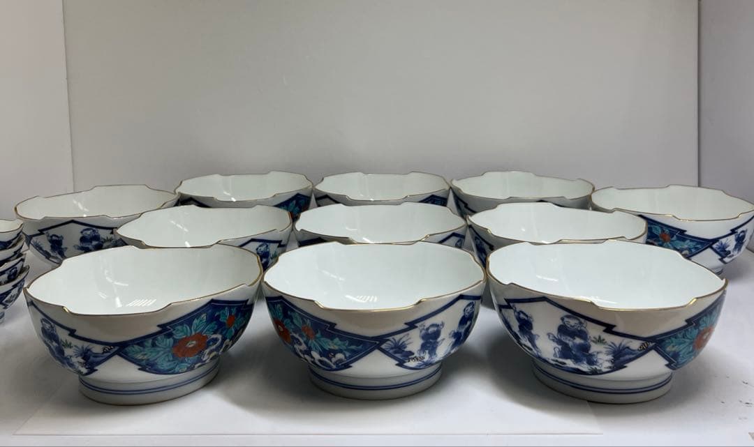 肥前有田焼　幸右衛門　染錦牡丹唐子文向付食器一式　共箱　東Y8-0128①