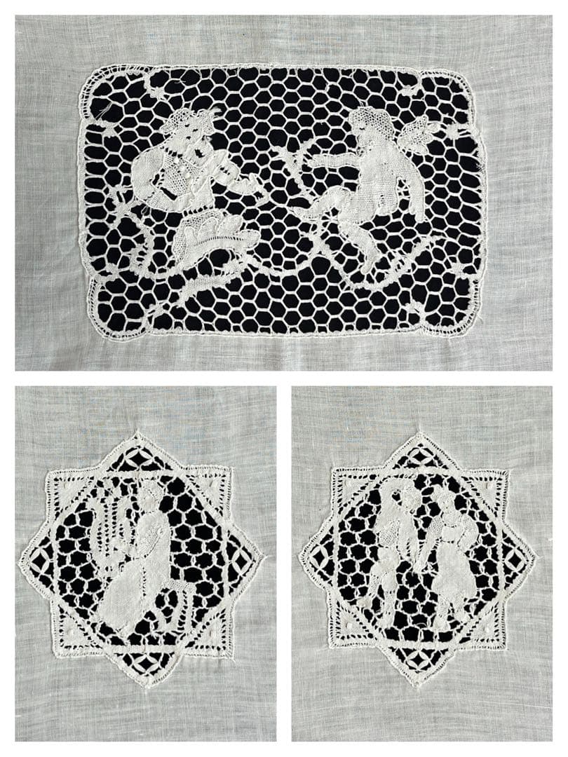 ◆フランスアンティークお宝級白天使の手刺繍超大判テーブルクロス大きいベッドカバー