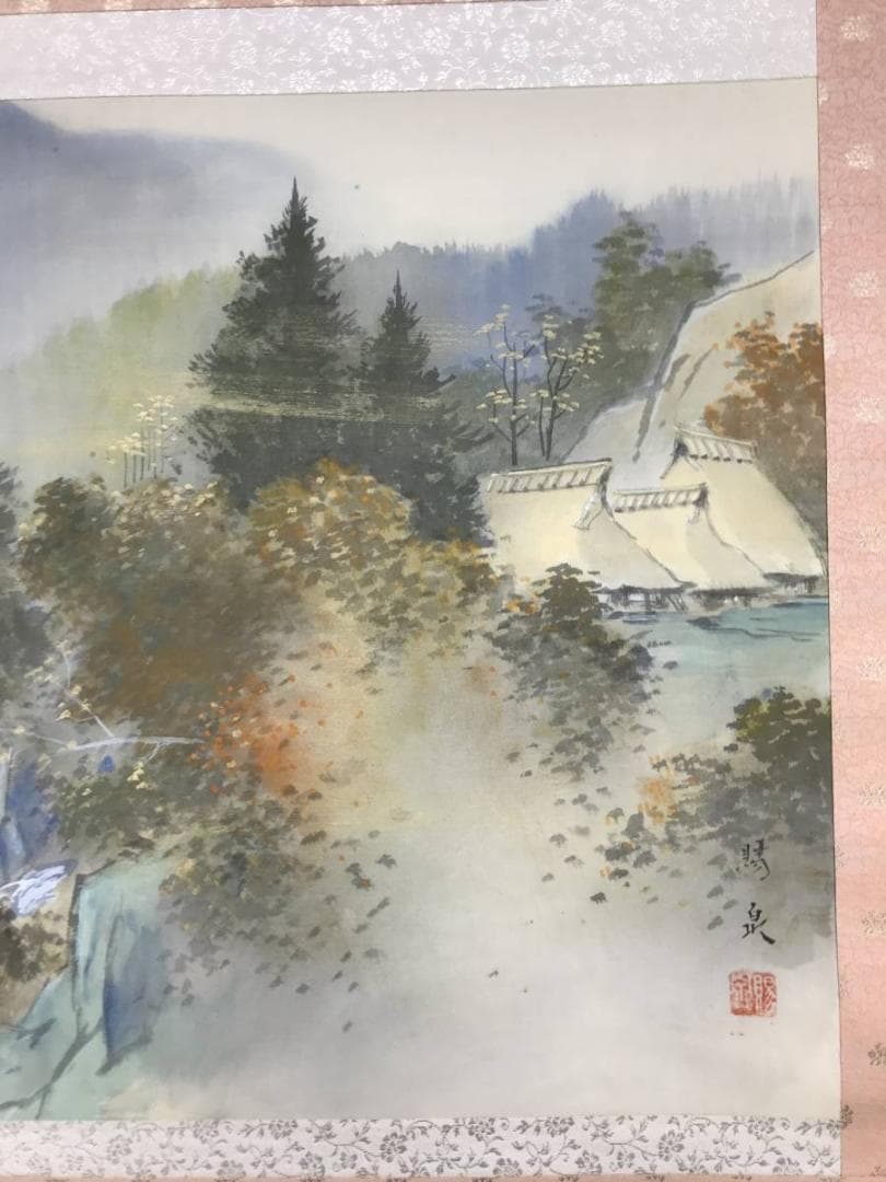 【真作】郡賜泉/秋景山水図/山水図/山村図/横物/掛軸/名家伝来/AC-98