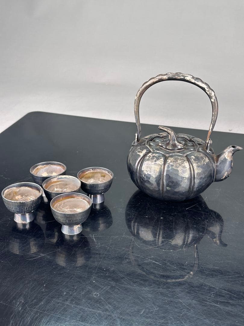 松榮堂 銀製 かぼちゃ型水差しと茶碗5個セット