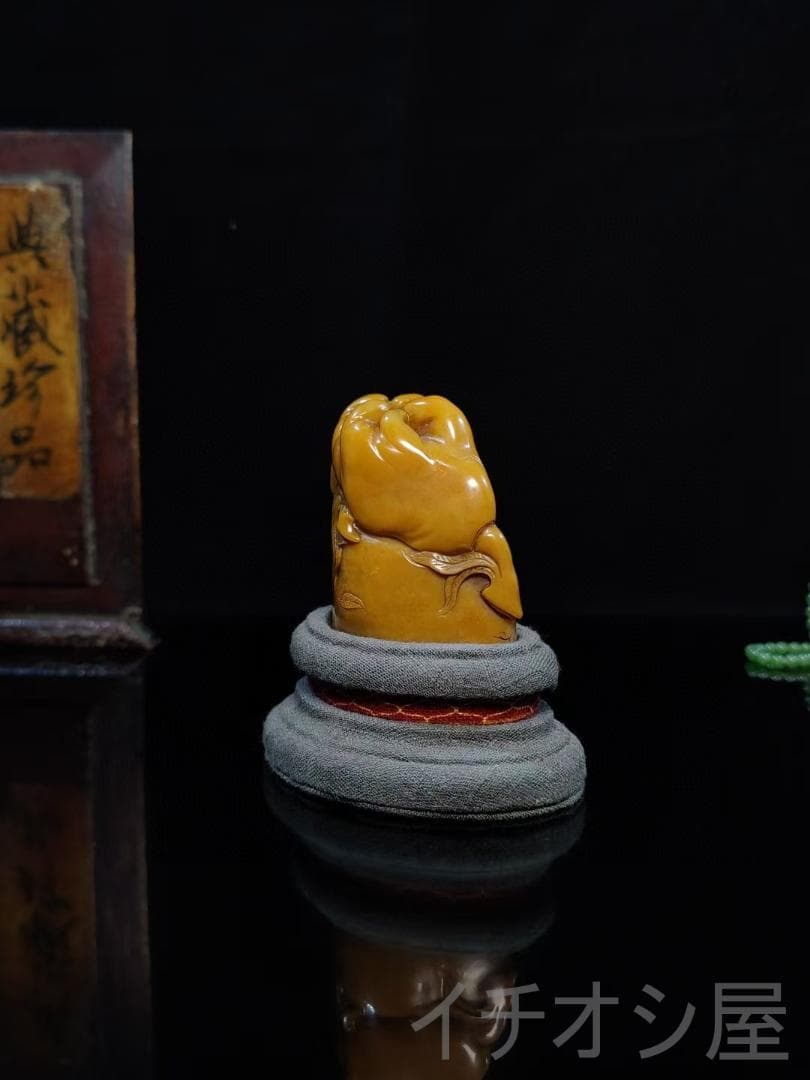 【福寿双全】印鑑｜寿山石田黄石の印章｜福广作款｜天然石｜細密彫｜開運置物｜座付き