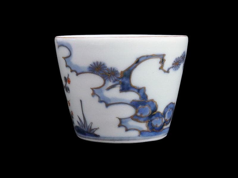 古伊万里　染錦　太湖石に松竹梅の図　蕎麦猪口　C177 AS-CXk