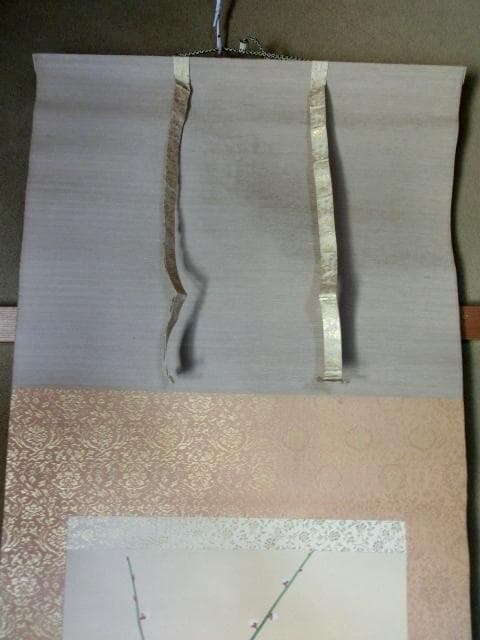 掛軸■鶯 【晁木】梅 南天 庭園 桐共箱 絹本 肉筆 時代物 骨董品■(39)