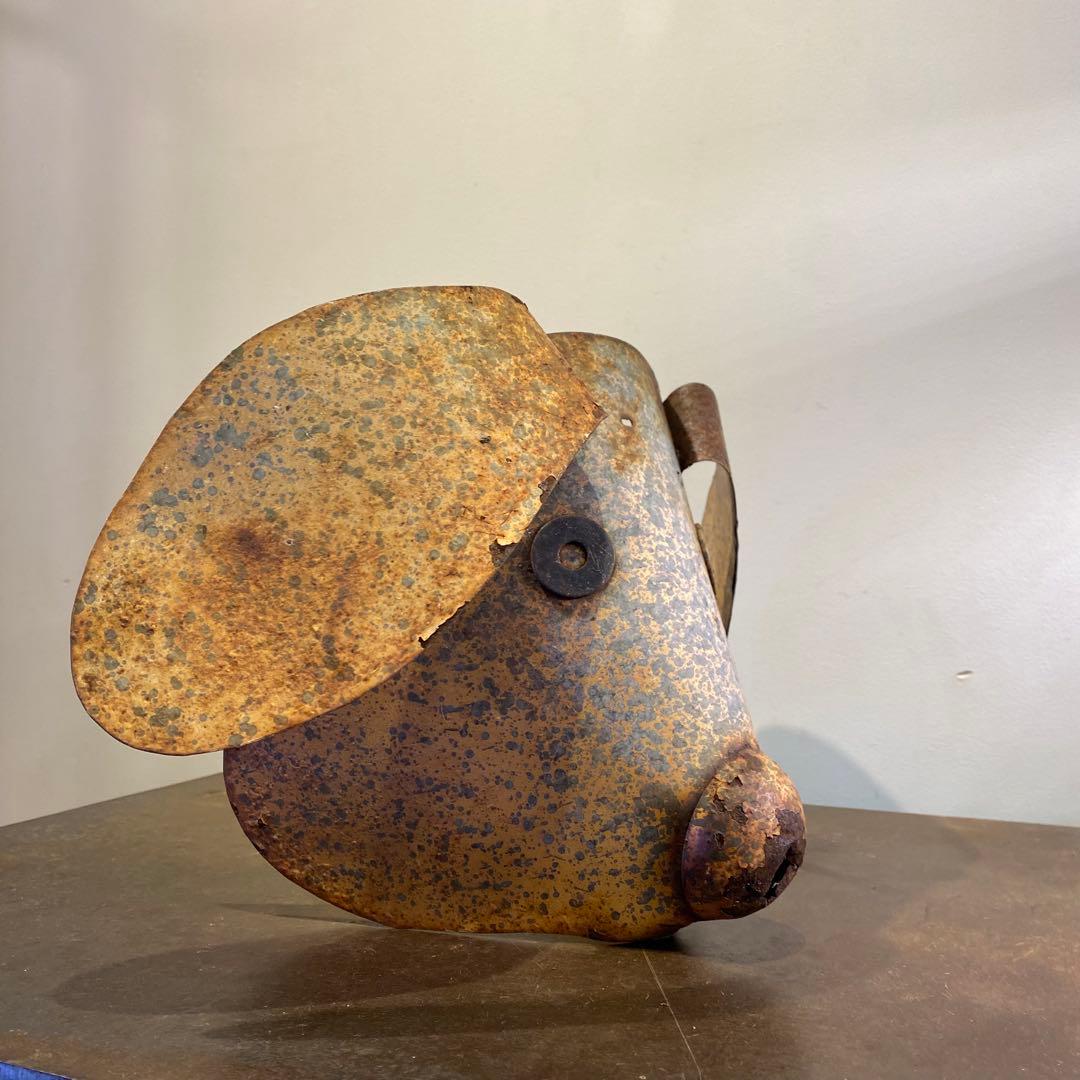 錆びた鉄製の犬のオブジェ マスク型 アンティーク