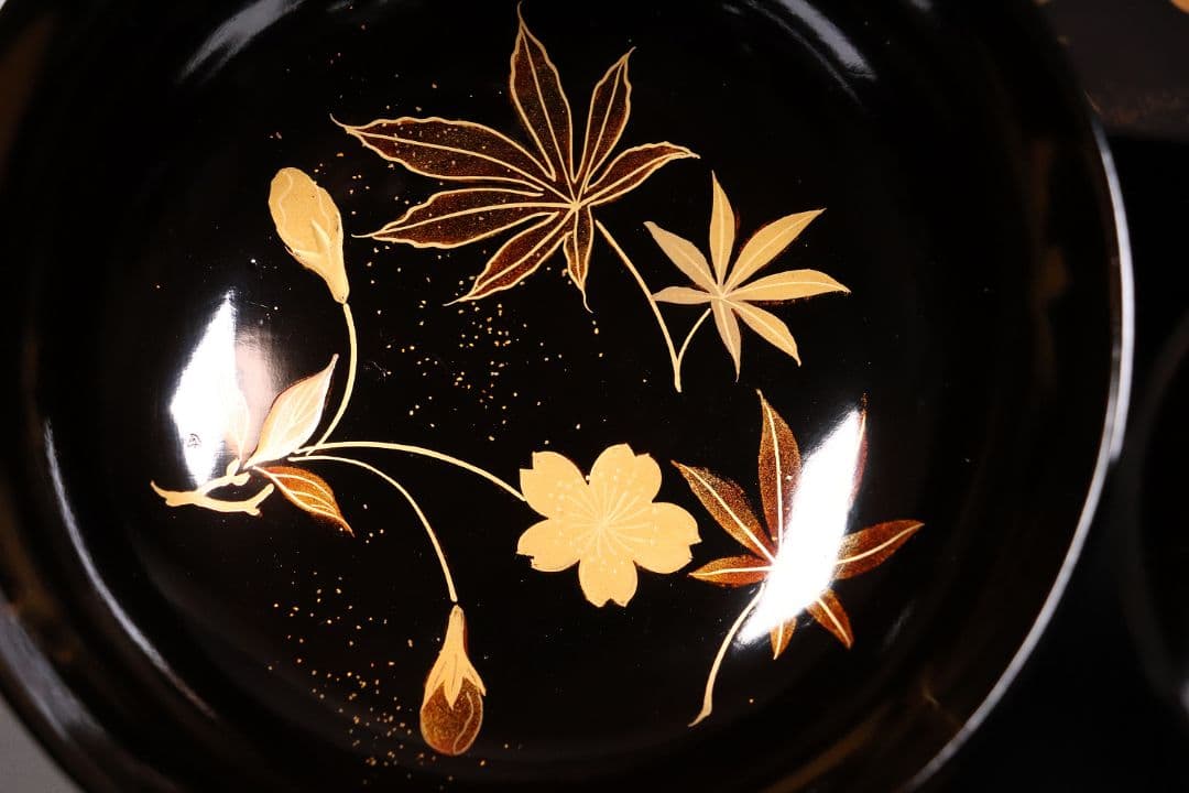 時代木製漆器 桜紅葉 黒蒔絵椀 五客 金蒔絵 梨地 漆芸【CL61】