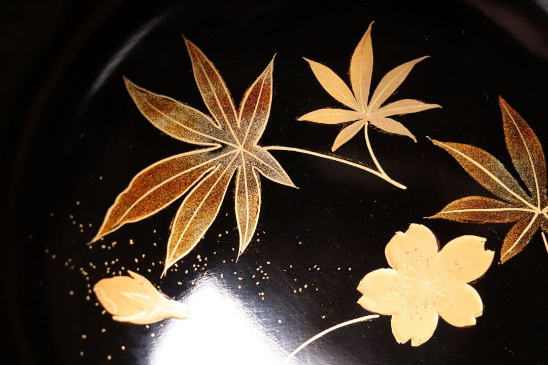 時代木製漆器 桜紅葉 黒蒔絵椀 五客 金蒔絵 梨地 漆芸【CL61】