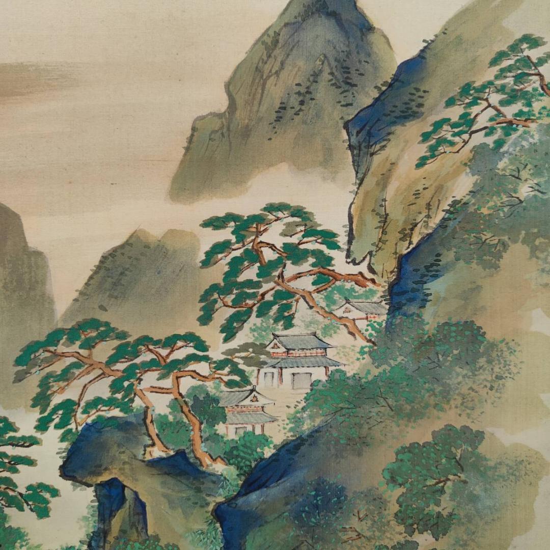 真作/景舟/蓬莱山図/山水/横物/桐共箱付/布袋屋掛軸A-344