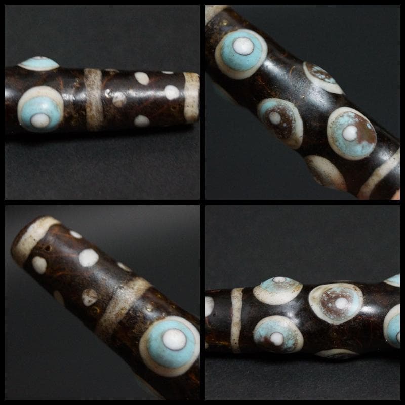古代中国戦国玉 多眼貼付筒形大玉トンボ玉 ガラス蜻蛉玉 根付 緒締玉提げ物装飾品