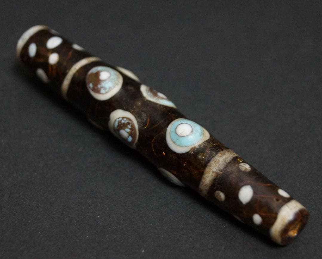 古代中国戦国玉 多眼貼付筒形大玉トンボ玉 ガラス蜻蛉玉 根付 緒締玉提げ物装飾品